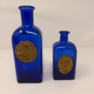 SWEET ANTIQUES Cobalt Blue Decorative Glass Bottles with Medallions